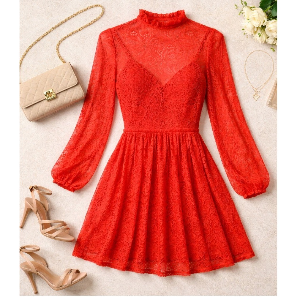 Bardot‎ of Australia Orange Lace Mock Neck Long Sleeve Fit Flare Dress Size 12.